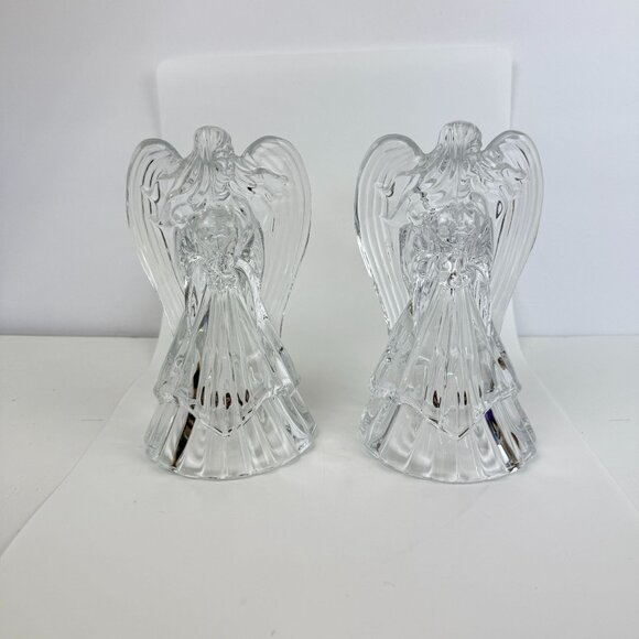Vintage Leaded Crystal Angel Candleholders Glass Figurine Set Of 2 Holiday Decor - Picture 3 of 16